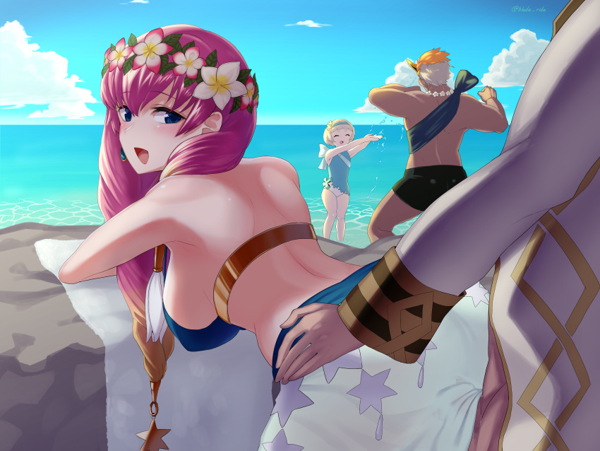 2boys 2girls :d absurdres arched_back arms_up back bare_arms bare_shoulders beach bent_over bikini black_shorts blade_ride blue_bikini blue_eyes blue_one-piece_swimsuit blue_sky blunt_bangs breasts clothed_sex cloud cowboy_shot dark-skinned_male dark_skin day earrings fire_emblem fire_emblem_heroes flower flower_necklace flower_wreath gunnthra_(fire_emblem) gunnthra_(summer)_(fire_emblem) hair_between_eyes hair_flower hair_ornament hanging_breasts helbindi_(fire_emblem) helbindi_(summer)_(fire_emblem) highres horizon implied_sex jacket jewelry kiran_(fire_emblem) kiran_(male)_(fire_emblem) large_breasts legs_apart light_blush long_hair long_sleeves looking_at_viewer looking_back multicolored_hair multiple_boys multiple_girls muscular muscular_male ocean official_alternate_costume one-piece_swimsuit open_mouth orange_hair outdoors pink_hair sarong sex sex_from_behind short_hair shorts sky smile standing standing_sex star_(symbol) star_print stealth_sex strap_gap swimsuit torso_grab towel twitter_username very_short_hair water white_hair white_jacket white_sarong white_towel ylgr_(fire_emblem) ylgr_(summer)_(fire_emblem)