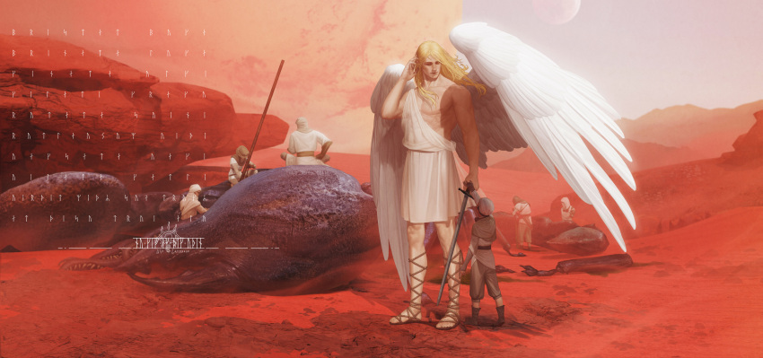 absurdres angel angel_wings animal artist_name blonde_hair blood_angels camouflage child commentary commission dead_animal desert desert_camouflage english_commentary greco-roman_clothes hand_on_own_cheek hand_on_own_face highres holding holding_sword holding_weapon long_hair looking_at_another monster mountain muscular outdoors oversized_animal planet primarch realistic sand sanguinius scabbard scorpion sheath sitting sky standing sword toga usfr warhammer_40k weapon white_wings wings