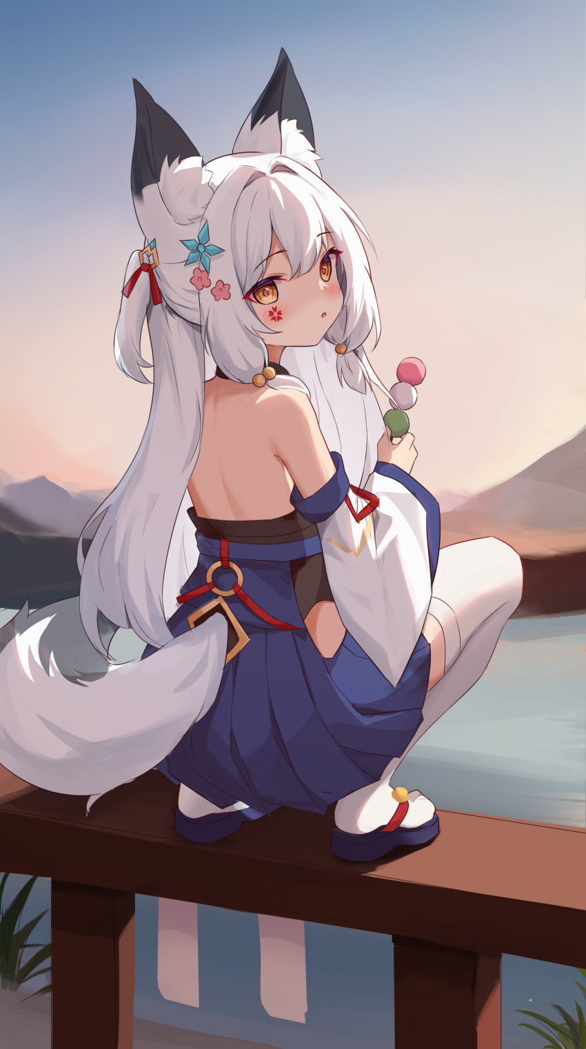 1girl :o absurdres animal_ear_fluff animal_ears bare_back bare_shoulders blue_footwear blue_hakama blush brown_eyes commentary dango day detached_sleeves facial_mark flower food fox_ears fox_girl fox_tail from_behind hair_between_eyes hair_bobbles hair_flower hair_intakes hair_ornament hakama hakama_short_skirt hakama_skirt highres holding holding_food japanese_clothes long_hair long_sleeves looking_at_viewer looking_back on_railing original outdoors parted_lips pink_flower railing sandals sanshoku_dango sidelocks skirt sleeves_past_wrists solo squatting synring97 tail tail_through_clothes thighhighs very_long_hair wagashi water white_hair white_sleeves white_thighhighs wide_sleeves zouri