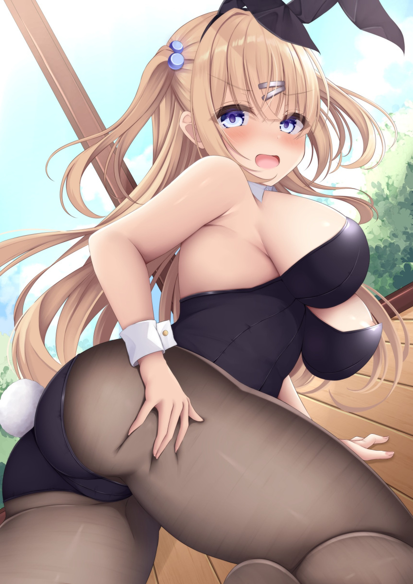 1girl absurdres angry animal_ears ass black_leotard black_pantyhose blonde_hair blue_sky blush breasts cloud commentary_request detached_collar fake_animal_ears fake_tail hair_bobbles hair_ornament hanonokusa highres large_breasts leotard long_hair looking_at_viewer on_floor open_mouth original pantyhose playboy_bunny rabbit_ears sky tail thighs tree two_side_up v-shaped_eyebrows window wrist_cuffs