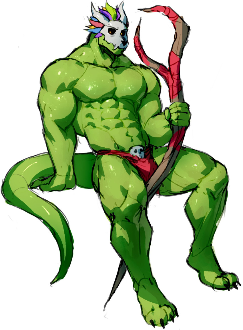 abs anthro biceps bone bottomwear clothing green_body green_skin hi_res lihzahrd lizard loincloth male mask muscular muscular_anthro muscular_male papyuuno pecs reptile scalie skull skull_mask solo staff terraria witch_doctor_(terraria)