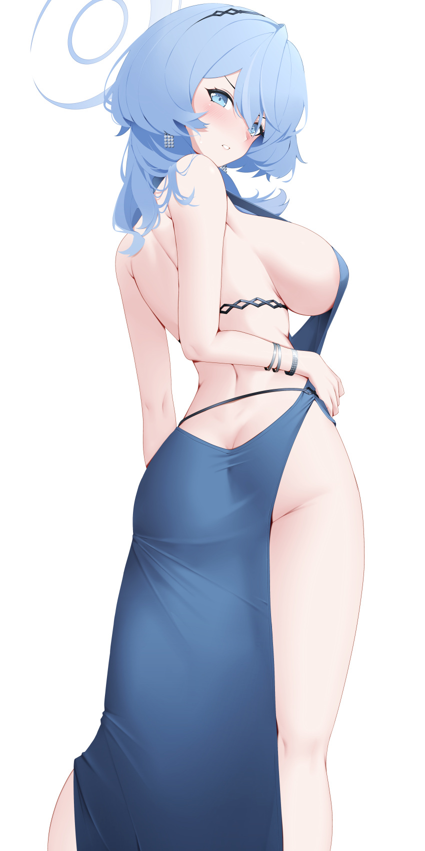 1girl absurdres ako_(blue_archive) ako_(dress)_(blue_archive) ass backless_dress backless_outfit bare_shoulders blue_archive blue_dress blue_eyes blue_hair blush bracelet breasts dimples_of_venus dress feet_out_of_frame from_behind halo highres jewelry large_breasts looking_at_viewer looking_back median_furrow sideboob sideless_dress simple_background solo underbutt white_background z.taiga