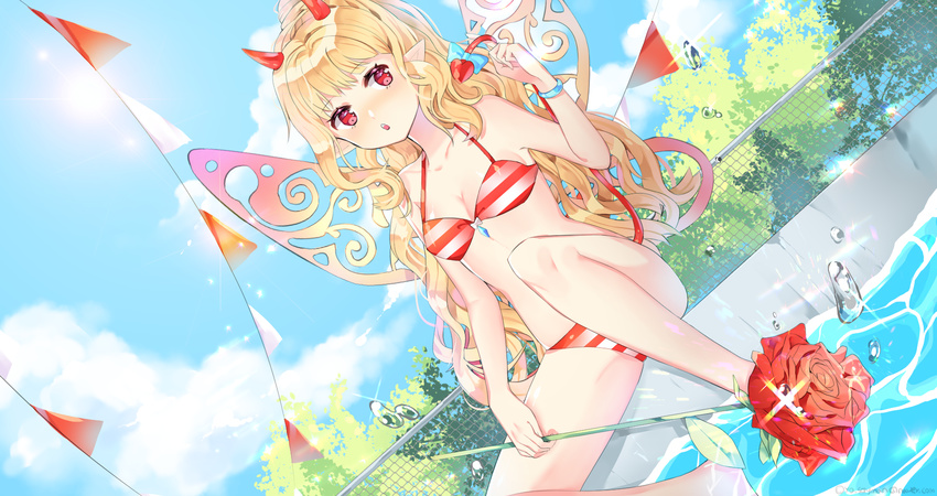 barefoot biki blonde_hair bow breasts cleavage clouds flowers horns long_hair pointed_ears red_eyes rose sky swimsuit tagme_(artist) tagme_(character) tail tree water wings