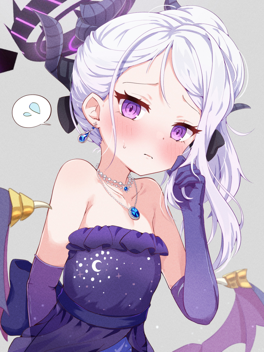 1girl absurdres bare_shoulders black_horns blue_archive blush closed_mouth collarbone commentary_request dangle_earrings demon_horns dress earrings elbow_gloves gloves grey_hair highres hina_(blue_archive) hina_(dress)_(blue_archive) horns jewelry long_hair mikumiku37 multiple_horns necklace pendant purple_dress purple_eyes purple_gloves purple_wings revision solo spoken_sweatdrop strapless strapless_dress sweatdrop upper_body wings