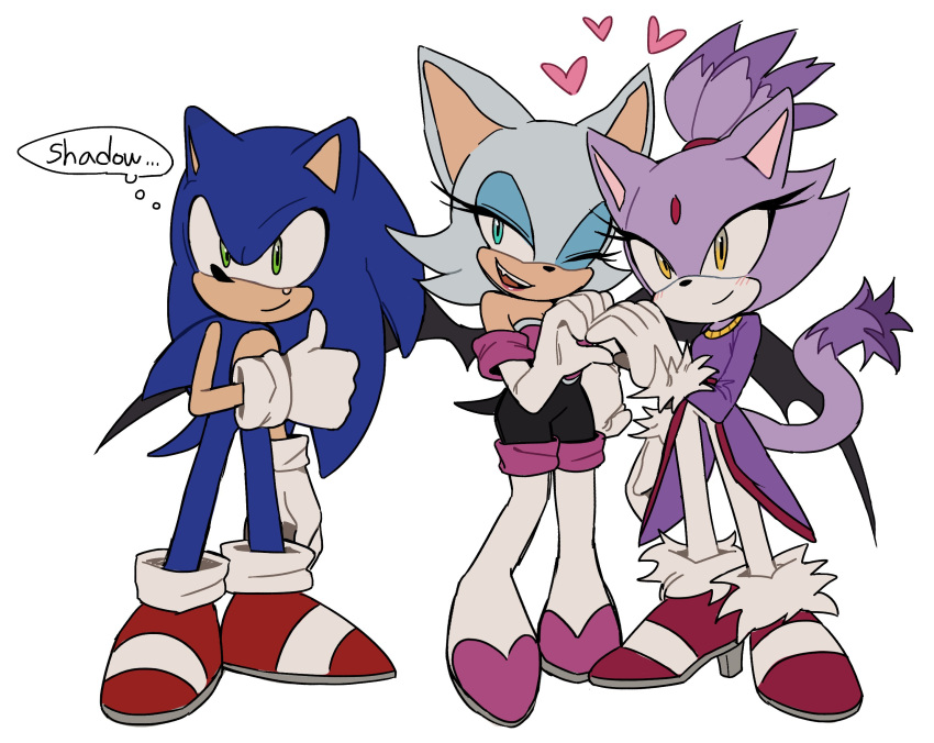 1boy 2girls animal_ears blaze_the_cat blue_eyeshadow blue_fur cat_ears cat_girl cat_tail eyeshadow forehead_jewel furry furry_female furry_male gloves green_eyes heart highres makeup multiple_girls one_eye_closed pants ponytail purple_fur red_footwear rouge_the_bat simple_background sonic_(series) sonic_the_hedgehog tail teardrop thought_bubble unneul white_background white_footwear white_fur white_gloves white_pants yellow_eyes