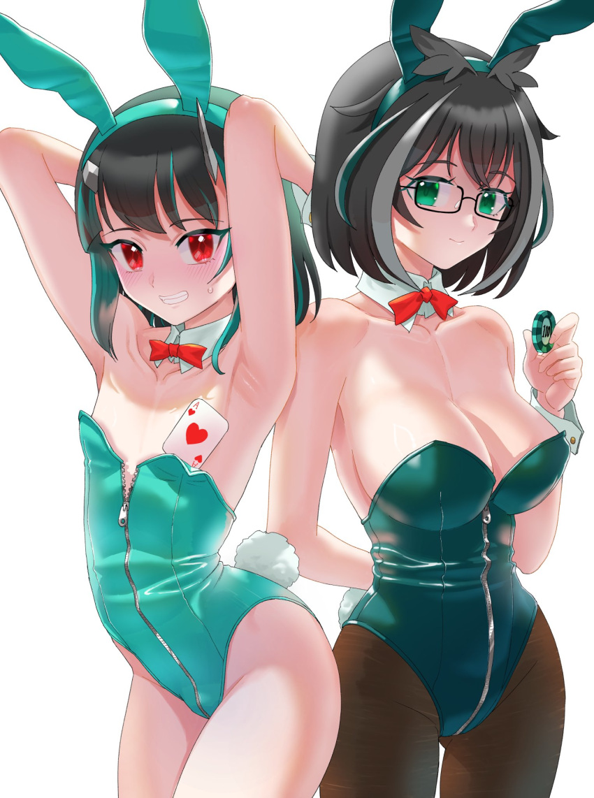 2girls ace_(playing_card) ace_of_hearts alternate_costume animal_ears arm_behind_back armpits arms_up black-framed_eyewear black_hair black_pantyhose blue_hair blue_leotard blush bow bowtie breasts broken_horn buren card cleavage closed_mouth commentary_request cowboy_shot demon_horns detached_collar fake_animal_ears fake_tail flat_chest front_zipper glasses green_eyes grey_horns grin heart highres horns large_breasts leotard looking_at_viewer medium_bangs multicolored_hair multiple_girls nanashi_inc. oura_rukako oversized_breast_cup pantyhose playboy_bunny playing_card poker_chip rabbit_ears rabbit_tail rectangular_eyewear red_eyes shishio_chris short_hair simple_background smile strapless strapless_leotard tail two-tone_hair virtual_youtuber white_background wing_collar zipper_leotard