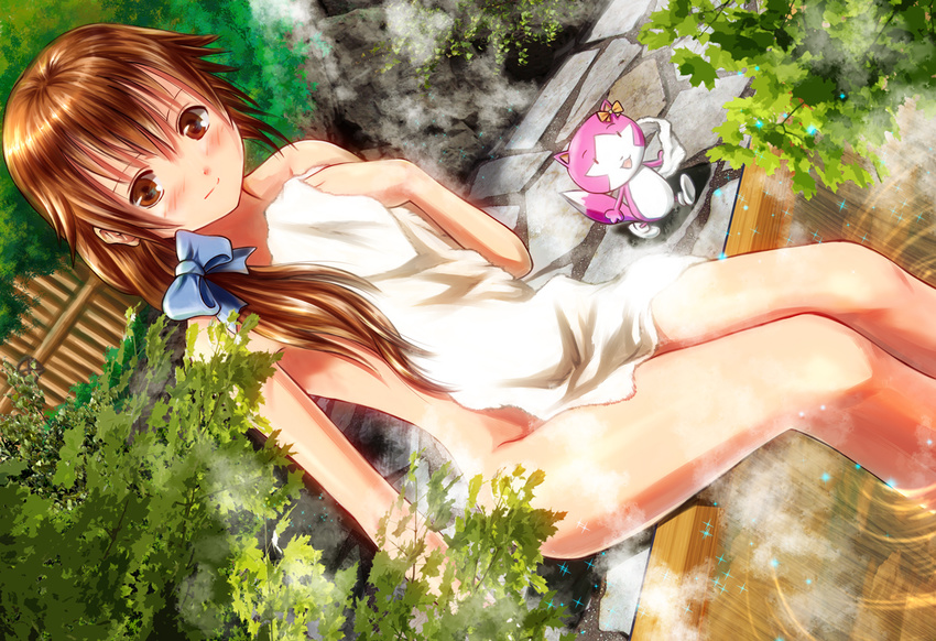 blue_bow blush bow brown_eyes brown_hair character_request covering creature day dutch_angle eyewear_removed hair_bow kokonoe_towa light_smile long_hair looking_at_viewer nude_cover outdoors soaking_feet solo tokyo_xanadu towel white_towel yamaoyaji