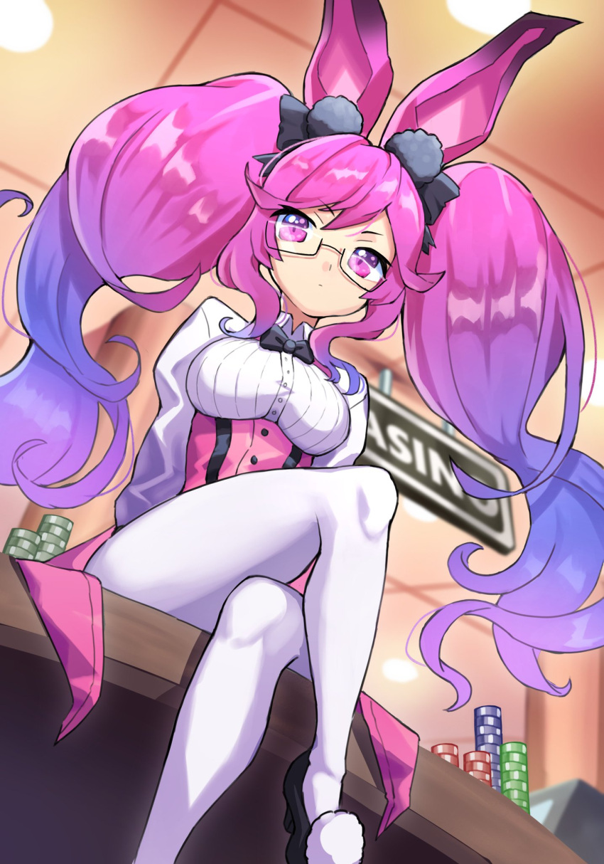 1girl alternate_costume animal_ears black_bow black_bowtie black_footwear bow bowtie casino casino_card_table cleo_(dragalia_lost) closed_mouth collared_shirt commission dragalia_lost glasses gradient_hair grimmelsdathird highres indoors long_hair long_sleeves looking_at_viewer multicolored_hair pantyhose pink_eyes pink_hair poker_chip rabbit_ears semi-rimless_eyewear shirt sitting sitting_on_table solo table twintails very_long_hair white_pantyhose white_shirt