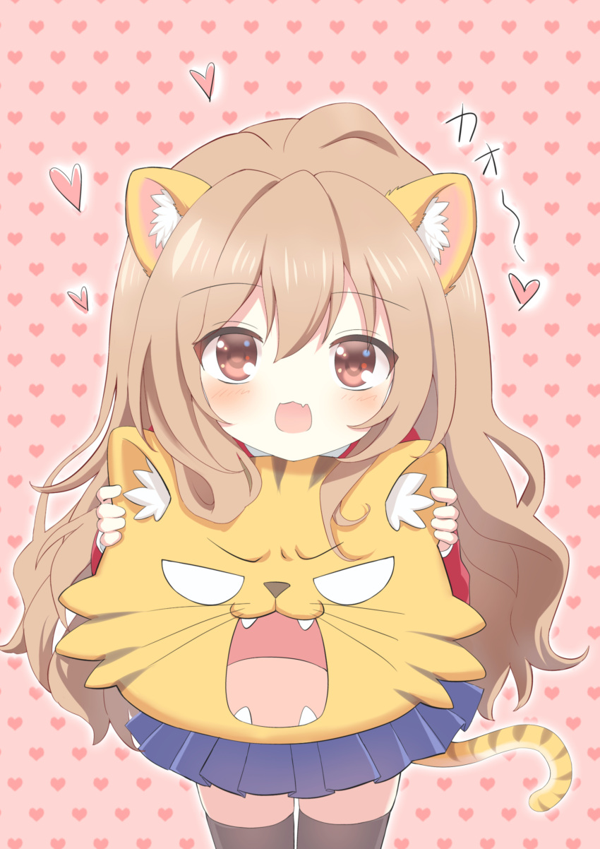 1girl absurdres aisaka_taiga animal_ear_fluff animal_ears black_thighhighs blue_skirt blush brown_hair chibi chinese_commentary commentary_request fang hair_between_eyes heart heart_background highres jacket long_hair long_sleeves looking_at_viewer luobo1220 open_mouth palmtop_tiger pink_background pleated_skirt red_eyes red_jacket skin_fang skirt smile tail thighhighs tiger_ears tiger_tail toradora! translation_request zettai_ryouiki
