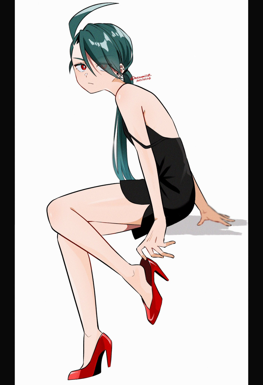 1girl ahoge artist_name black_dress bright_pupils closed_mouth commentary dated dress eyelashes full_body genjitsu_o_miro green_hair hair_over_one_eye high_heels highres invisible_chair long_hair pokemon pokemon_sv red_eyes red_footwear rika_(pokemon) simple_background sitting sleeveless sleeveless_dress solo symbol-only_commentary twitter_username white_background white_pupils