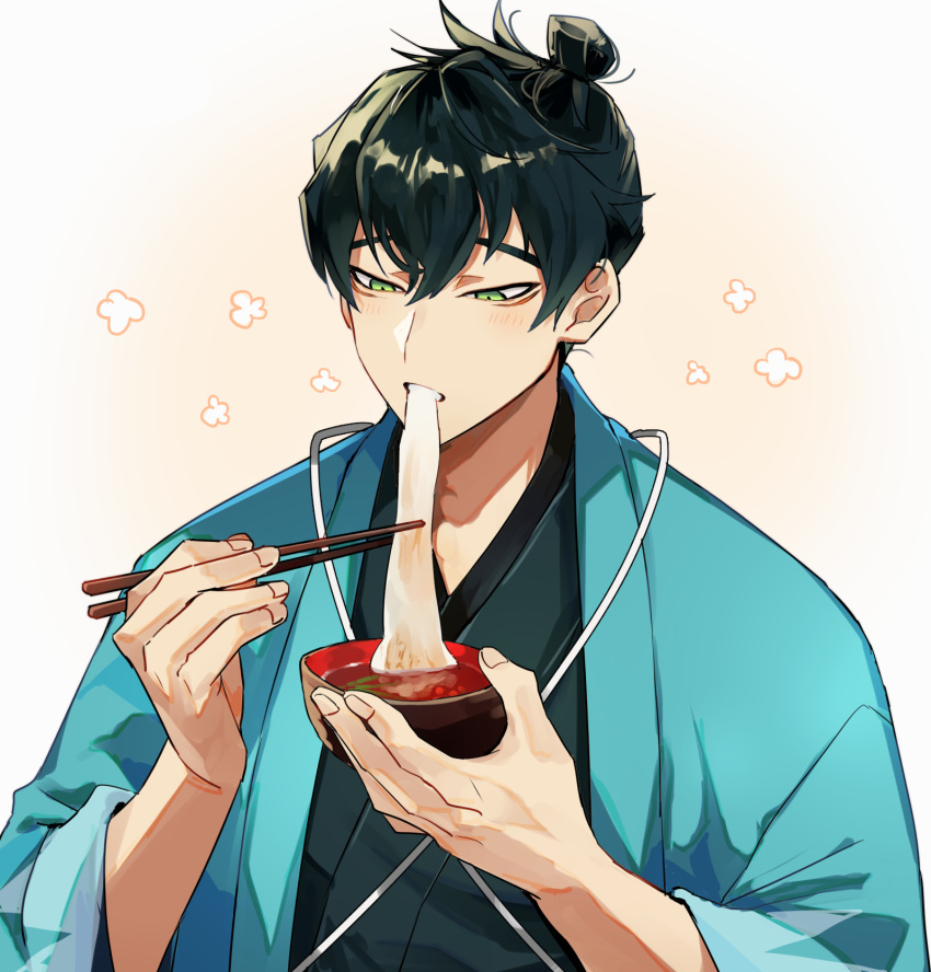 1boy black_hair blue_kimono bowl chopsticks eating fate/grand_order fate_(series) food green_eyes haori highres holding holding_bowl holding_chopsticks itou_kashitarou_(fate) japanese_clothes kimono light_blush long_sleeves looking_down male_focus noodles short_hair simple_background soba solo upper_body white_background yuu_(areruya)