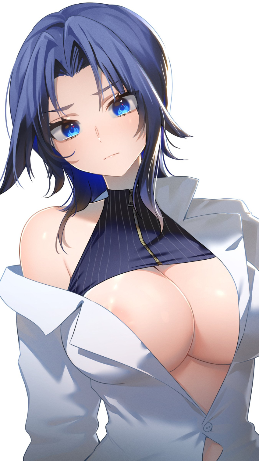1girl absurdres alternate_costume alternate_hairstyle areola_slip bingsardina blue_eyes blue_hair blush breast_focus breasts cleavage close-up highres hololive hololive_english large_breasts looking_at_viewer ouro_kronii short_hair simple_background solo upper_body virtual_youtuber white_background