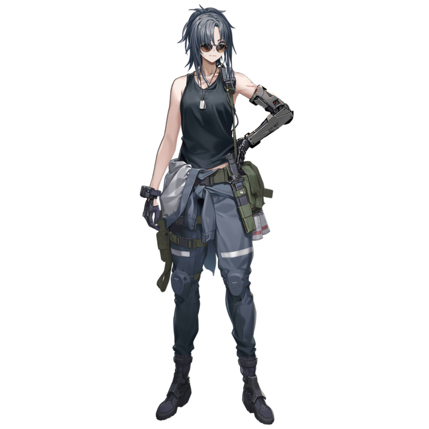 1girl angelia_(girls'_frontline) artist_request aviator_sunglasses belt belt_pouch black_footwear black_gloves black_tank_top blue_jumpsuit boots breasts closed_mouth collarbone dog_tags explosive full_body girls'_frontline gloves green_bag grenade grey_eyes grey_hair hair_over_one_eye hand_on_own_hip highres jumpsuit jumpsuit_around_waist knee_pads knife knife_sheath long_hair looking_at_viewer medium_breasts midriff_peek official_art ponytail pouch prosthesis prosthetic_arm radio_antenna scar scar_on_arm scar_on_chest scar_on_face sheath sheathed simple_background solo standing sunglasses tank_top third-party_source transparent_background walkie-talkie