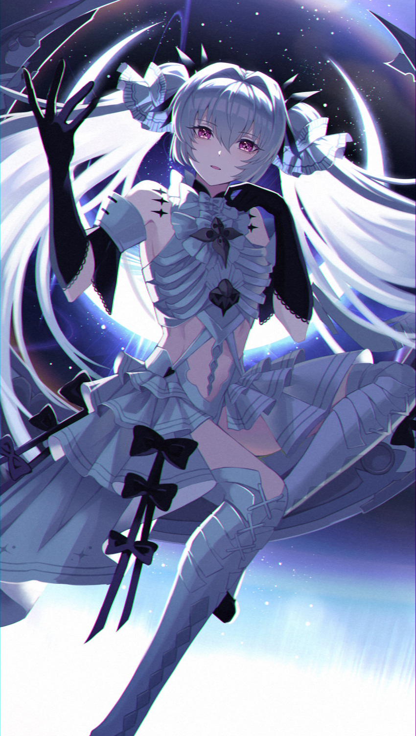 1girl absurdres bare_shoulders black_gloves cross-shaped_pupils detached_sleeves elbow_gloves gloves grey_hair grey_skirt grey_thighhighs hair_between_eyes hair_tubes highres long_hair luna_(punishing:_gray_raven) midriff official_alternate_costume parted_lips punishing:_gray_raven purple_eyes skirt solo symbol-shaped_pupils thighhighs toi_pngr twintails very_long_hair