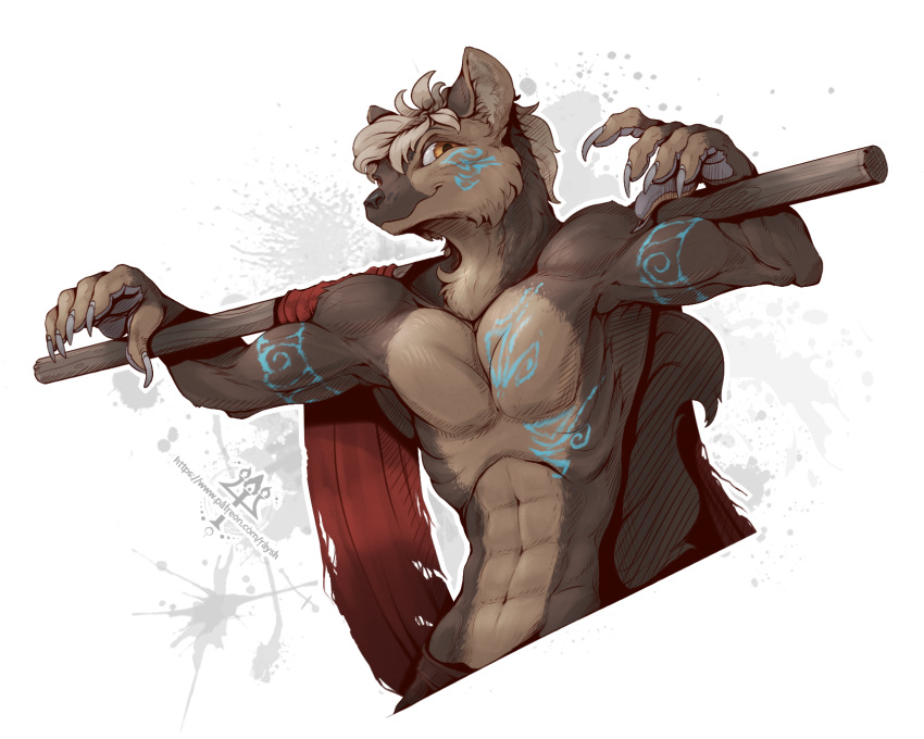 2023 5_fingers anthro arm_tattoo banner bottomwear brown_body brown_fur chest_tattoo claws clothing dark_brown_fur facial_tattoo fingers fur gulonine hair hi_res kredri male mammal marten mustelid musteline neves_(razim) orange_eyes padded_palms pants pants_only pawpads quarterstaff sable_(marten) shirtless shirtless_anthro shirtless_male staff tan_body tan_fur tan_hair tattoo toe_claws waist_up weapon_on_shoulder