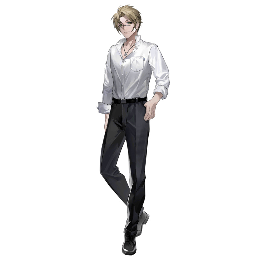 1boy armin_(girls'_frontline) artist_request belt black_footwear black_pants blonde_hair breast_pocket closed_mouth collared_shirt dog_tags full_body girls'_frontline green_eyes hand_in_pocket highres jacket long_sleeves looking_at_viewer male_focus official_art pants pocket shirt shoes short_hair simple_background smile solo standing third-party_source transparent_background white_shirt