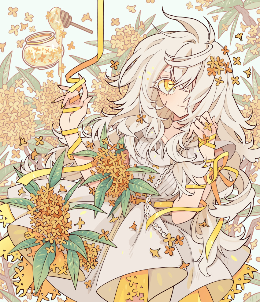 1girl absurdres braid closed_mouth collared_dress cowboy_shot dress flower hair_over_one_eye hands_up highres honey honey_dipper honeypot long_hair looking_at_viewer meremero orange_flower original ribbon smile solo standing very_long_hair white_dress white_hair yellow_eyes yellow_ribbon