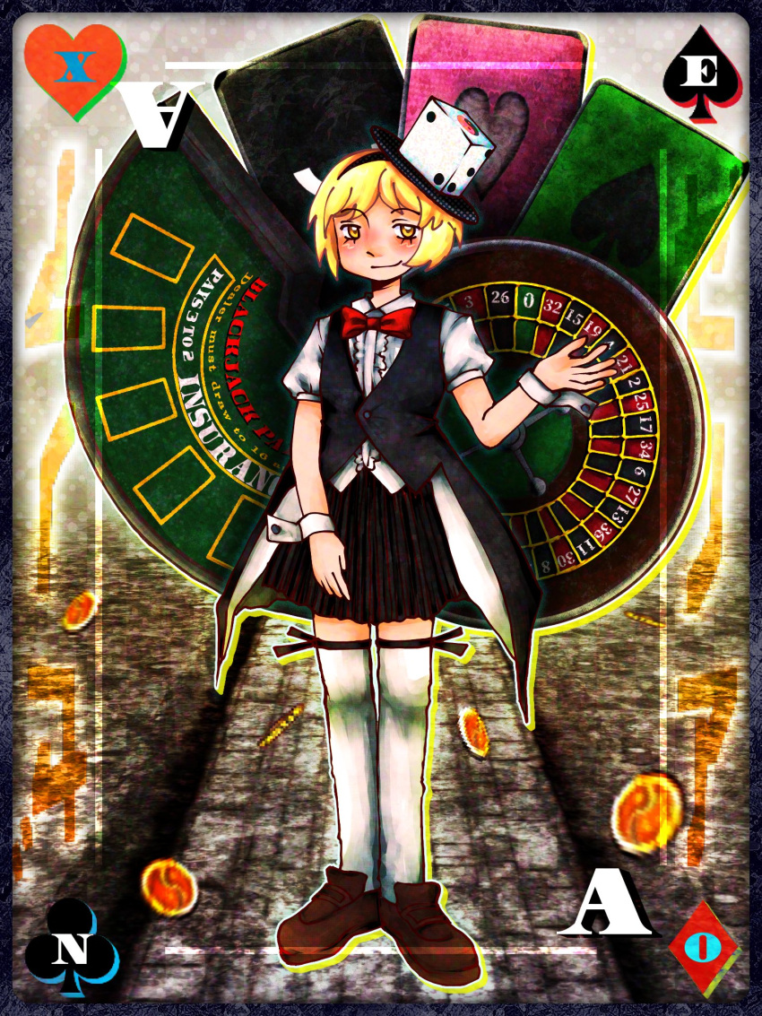 1other androgynous black_hairband black_skirt black_vest blonde_hair bow bowtie brown_footwear character_name collared_shirt commentary dice_hair_ornament full_body hair_ornament hairband hand_up highres len'en miniskirt other_focus pleated_skirt primary_dragon puffy_short_sleeves puffy_sleeves red_bow red_bowtie shirt short_hair short_sleeves skirt solo thighhighs vest white_shirt white_thighhighs white_wrist_cuffs wrist_cuffs xeno_a yellow_eyes