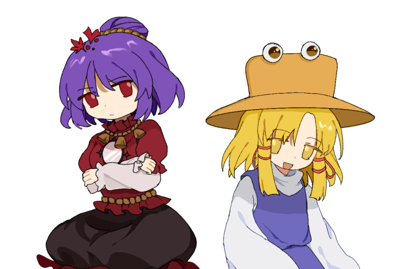 2girls black_skirt blonde_hair breasts brown_headwear closed_mouth crossed_arms frilled_skirt frilled_sleeves frills hair_bun hair_ribbon hat layered_sleeves long_sleeves medium_breasts medium_hair moriya_suwako multiple_girls needless_(toyaco) open_mouth puffy_short_sleeves puffy_sleeves purple_hair purple_skirt purple_vest red_eyes red_ribbon red_shirt ribbon shirt short_over_long_sleeves short_sleeves simple_background skirt smile sweater tassel touhou tress_ribbon vest white_background white_sleeves white_sweater yasaka_kanako yellow_eyes