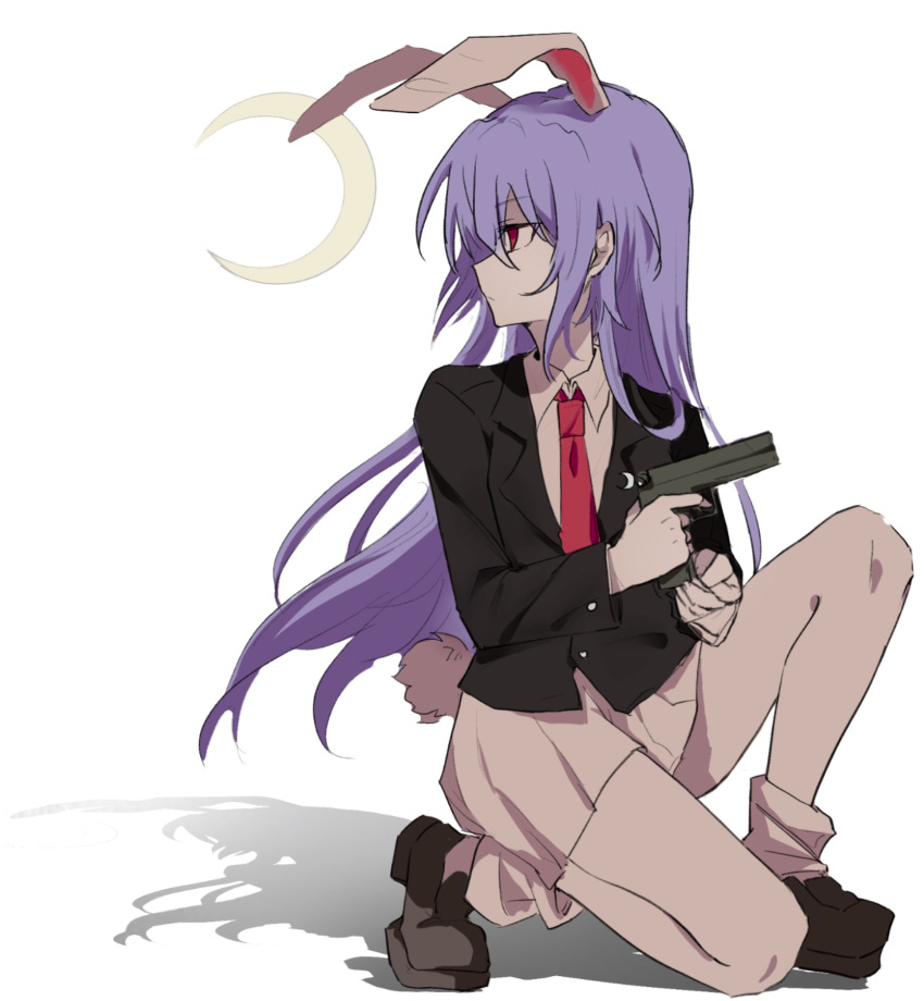 1girl animal_ears anwang44802 black_jacket brown_footwear chinese_commentary collared_shirt commentary_request flat_chest gun highres holding holding_gun holding_weapon jacket long_hair long_sleeves miniskirt necktie on_one_knee pleated_skirt purple_hair rabbit_ears rabbit_girl rabbit_tail red_eyes red_necktie reisen_udongein_inaba shirt skirt socks solo tail touhou weapon white_shirt white_skirt white_socks