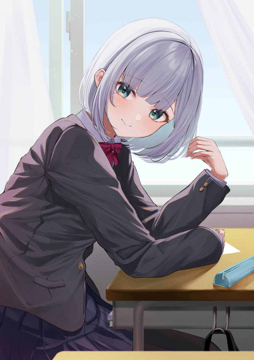 1girl absurdres aqua_hair black_skirt blazer blush bow bowtie classroom colored_inner_hair commentary cowboy_shot curtains desk green_eyes grey_hair grey_jacket highres horo_27 indoors jacket kaga_sumire long_sleeves looking_at_viewer lupinus_virtual_games multicolored_hair paper pencil_case red_bow red_bowtie shirt short_hair skirt smile solo virtual_youtuber vspo! white_shirt window