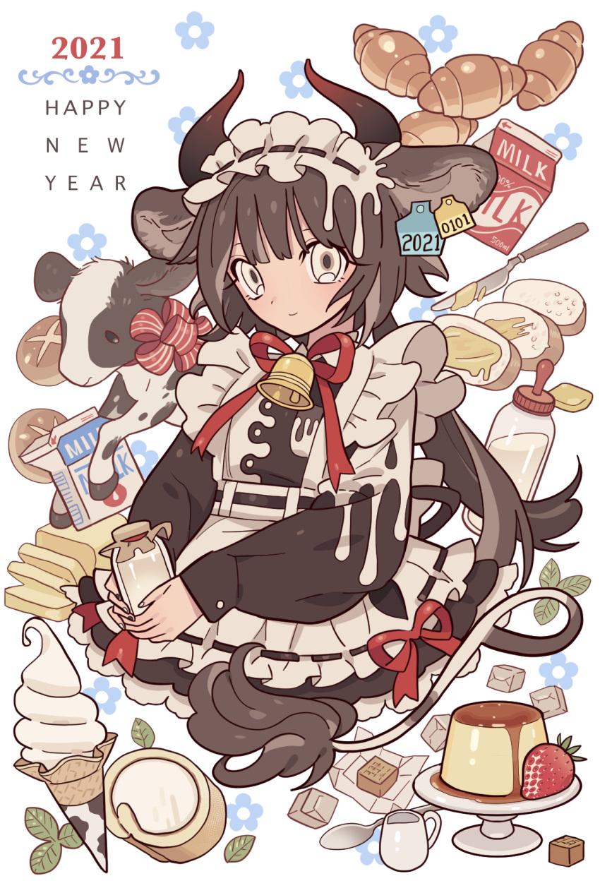 1girl 2021 animal animal_ears animal_print apron bell black_dress bottle bread bread_slice brown_hair butter caramel chinese_zodiac closed_mouth cow cow_ears cow_girl cow_horns cow_print cow_tail cropped_legs dress ear_tag food frilled_apron frills hairband happy_new_year highres holding holding_bottle horns ice_cream_cone knife lolita_hairband long_sleeves looking_at_viewer meremero milk_bottle milk_carton mint nail_polish neck_bell original pudding red_ribbon ribbon smile solo spoon standing tail waist_apron white_apron white_eyes year_of_the_ox