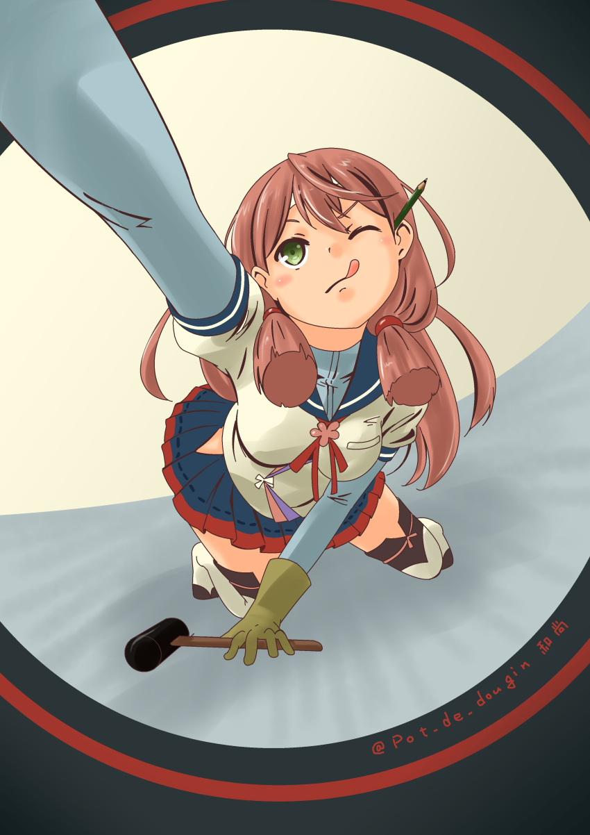 1girl absurdres akashi_(kancolle) blue_sailor_collar blue_skirt blunt_tresses facing_viewer fisheye gloves green_eyes green_gloves hair_ribbon highres hip_vent kantai_collection kneeling long_hair mallet one_eye_closed outstretched_arm pencil pink_hair pleated_skirt pot-de reaching reaching_towards_viewer ribbon sailor_collar school_uniform serafuku shirt skirt solo thighhighs tongue tongue_out tress_ribbon white_shirt