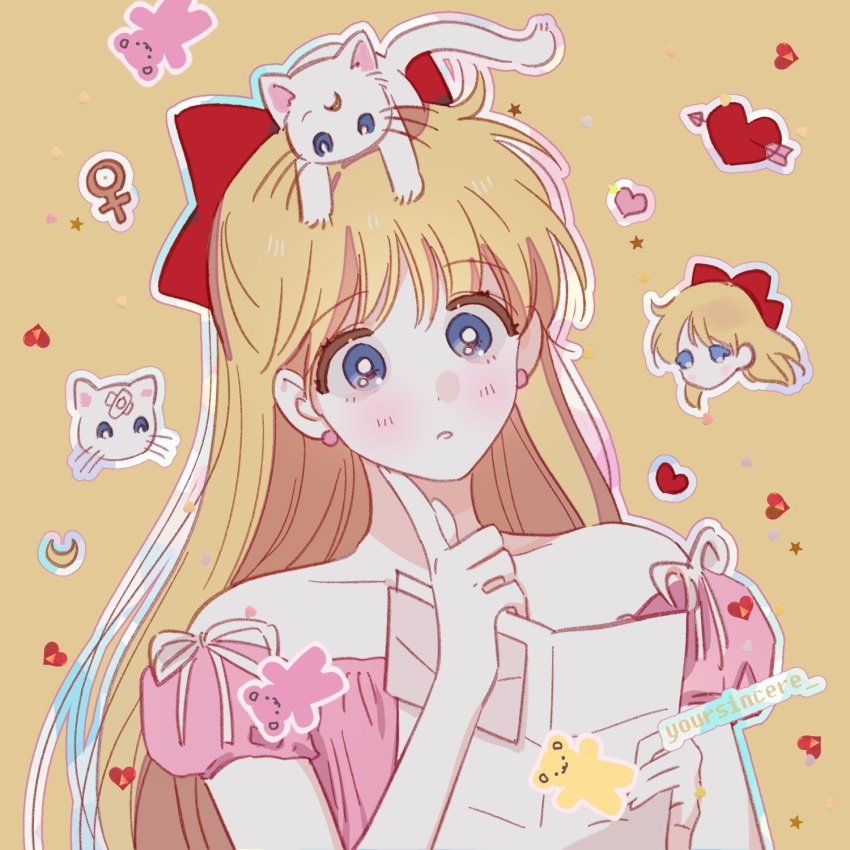 1girl aino_minako animal animal_on_head artemis_(sailor_moon) bear bishoujo_senshi_sailor_moon blonde_hair blue_eyes cat cat_on_head chibi commentary dress earrings finger_to_cheek hair_ribbon heart highres holding holding_paper jewelry letter long_hair moon on_head paper pink_dress red_ribbon ribbon simple_background symbol-only_commentary yellow_background yoursincere