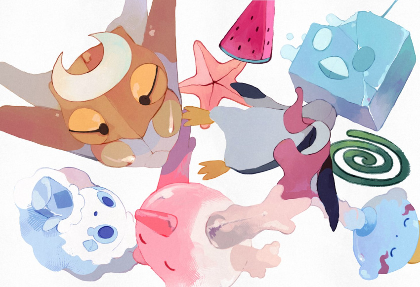 bird bug chimecho closed_eyes coral corsola eiscue eiscue_(ice) food fruit halo ice li04r no_humans open_mouth pokemon pokemon_(creature) shedinja starfish vanillite watermelon white_background wings