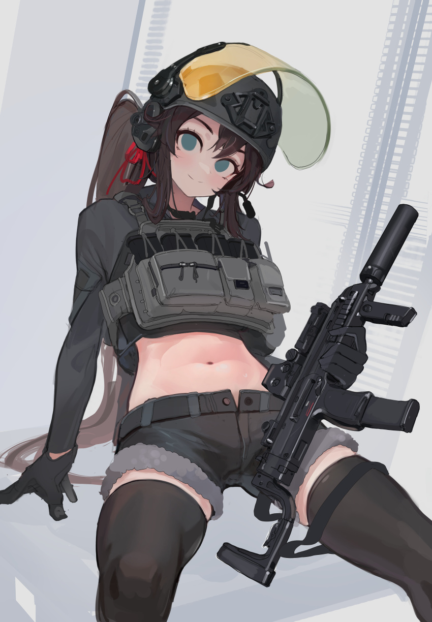 1girl absurdres armor black_thighhighs blue_eyes brown_hair bulletproof_vest ear_piercing earmuffs earphones gloves gun h&amp;k_mp7 hair_between_eyes helmet highres holding holding_gun holding_weapon holster looking_at_viewer magazine_(weapon) midriff original piercing plate_carrier polilla ponytail shorts solo submachine_gun sweatdrop termichan_(not-a-bot) thighhighs visor_(armor) watch weapon