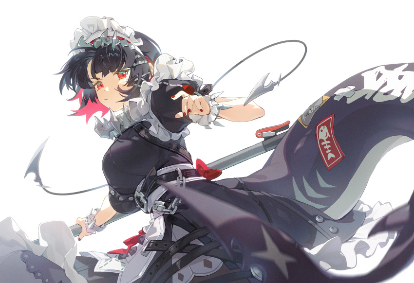 1girl black_dress black_hair breasts closed_mouth colored_inner_hair dress ellen_joe fins fish_tail highres holding holding_weapon large_breasts looking_at_viewer maid_headdress mole mole_under_eye multicolored_hair red_eyes red_hair red_nails sanfuyi shark_tail short_hair short_sleeves simple_background solo tail weapon white_background zenless_zone_zero
