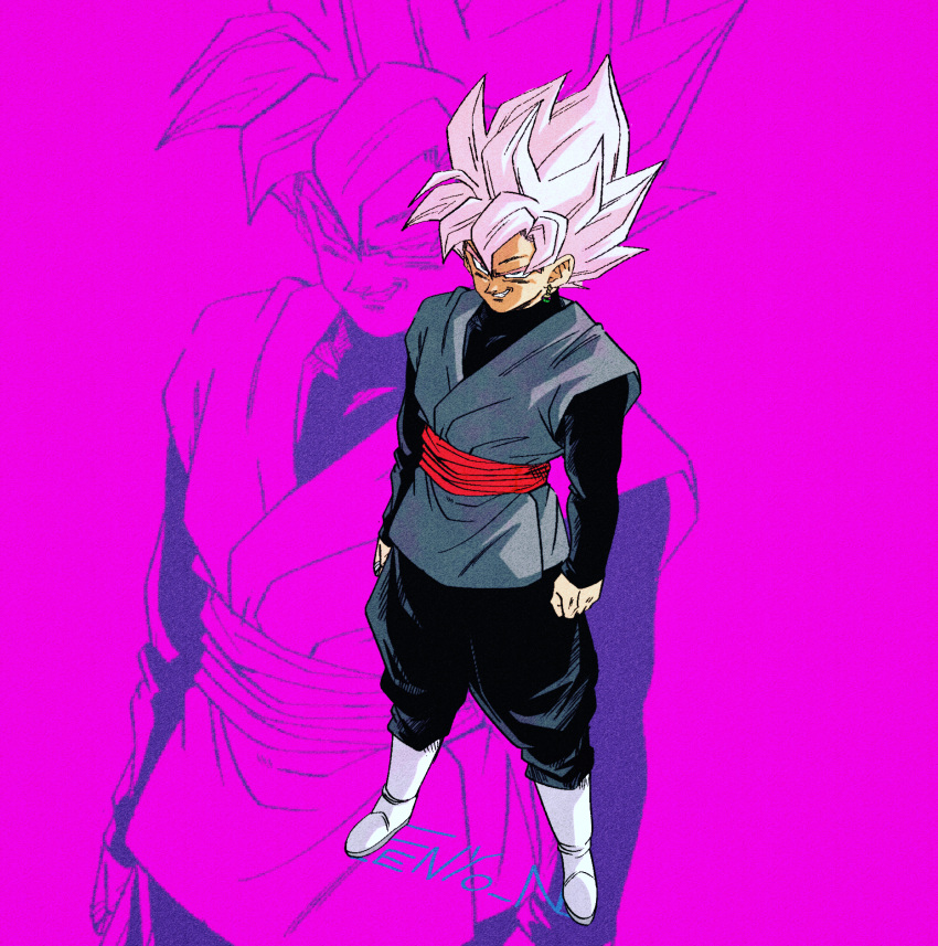 1boy artist_name belt black_shirt boots dragon_ball dragon_ball_super earrings fenyon goku_black highres jewelry looking_at_viewer pink_hair potara_earrings red_belt shirt single_earring smirk solo spiked_hair white_footwear