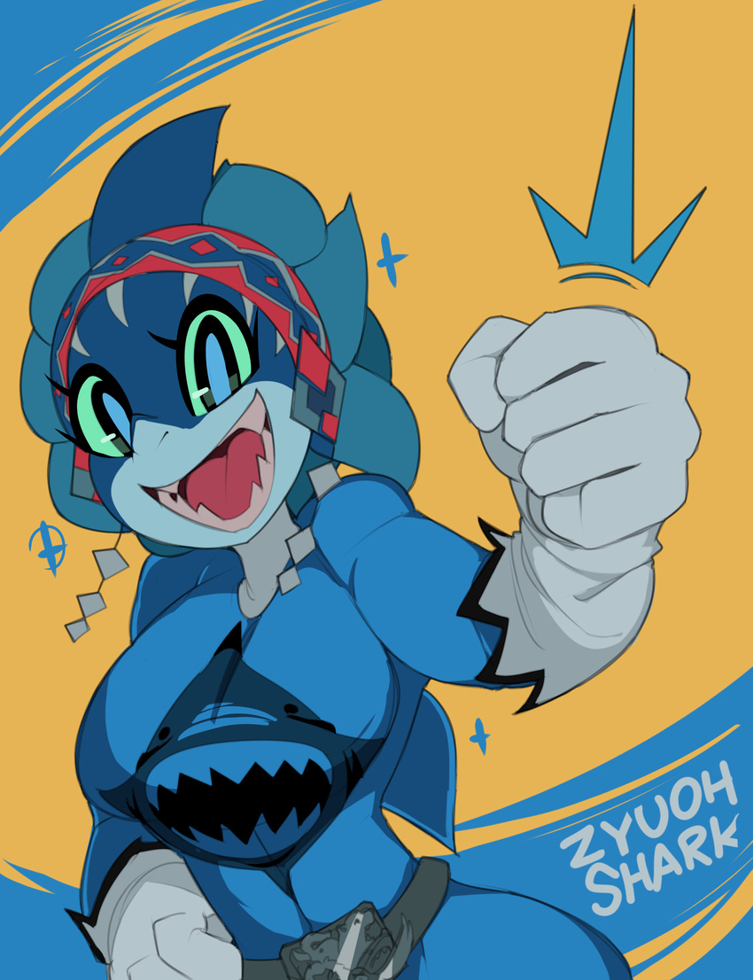 anthro blue_eyes blue_sclera breasts captaineaglesmut doubutsu_sentai_zyuohger eyelashes female fish hand_on_hip kirbsuperstardude marine open_mouth sela shark sharp_teeth smile solo super_sentai teeth