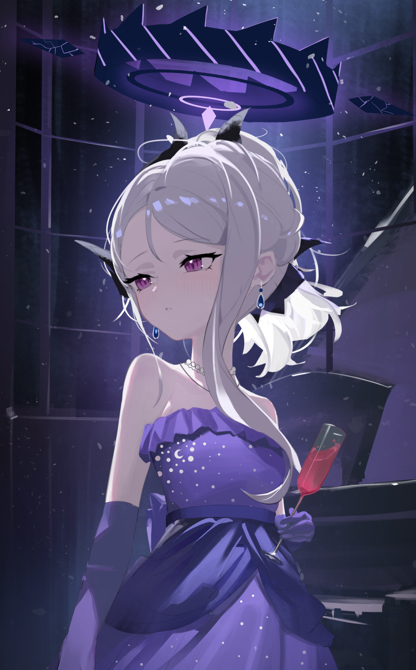 1girl absurdres black_horns blue_archive blush cup dangle_earrings demon_horns dress earrings elbow_gloves gloves grand_piano halo highres hina_(blue_archive) hina_(dress)_(blue_archive) holding holding_cup horns instrument jewelry long_hair necklace oiru_(fattyoils) parted_lips pendant piano purple_dress purple_eyes purple_gloves solo strapless strapless_dress upper_body white_hair