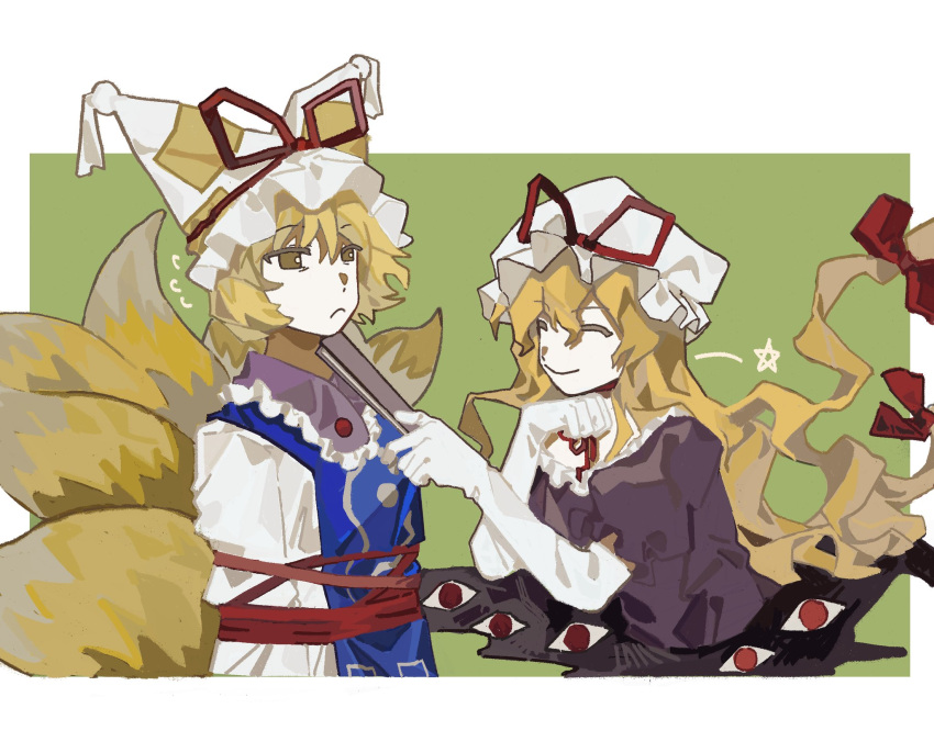 2girls aaayamitsu animal_ears blonde_hair blue_tabard border bound bow chinese_commentary clenched_hand closed_eyes closed_mouth collar commentary_request dress elbow_gloves extra_eyes flying_sweatdrops folding_fan fox_ears fox_tail frilled_collar frilled_dress frilled_headwear frills frown gap_(touhou) gloves green_bag hair_bow hand_fan hand_on_own_chin hat hat_ribbon highres holding holding_fan long_hair long_sleeves mob_cap multiple_girls multiple_hair_bows multiple_tails neck_ribbon object_to_chin outside_border puffy_short_sleeves puffy_sleeves purple_collar purple_dress purple_sleeves red-framed_eyewear red_bow ribbon short_hair short_sleeves smile star_(symbol) tabard tail tassel_hat_ornament tied_up_(nonsexual) touhou very_long_hair white_border white_dress white_gloves white_headwear white_sleeves yakumo_ran yakumo_yukari