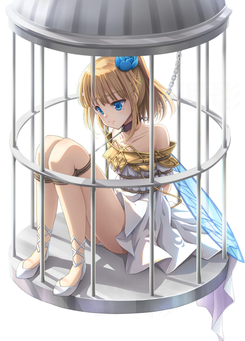 1girl arms_behind_back bare_legs bare_shoulders birdcage blonde_hair blue_eyes blue_flower bound bound_arms bound_legs cage chain closed_mouth collar crying crying_with_eyes_open dress fairy fairy_wings flat_chest flower full_body hair_flower hair_ornament highres leshade_entis lips long_bangs looking_down panties panty_peek ponytail restrained rope short_hair solo sora_(beast_tamer) tears underwear white_dress white_footwear white_panties wings yuusha_party_wo_tsuihou_sareta_beast_tamer_saikyoushu_no_nekomimi_shoujo_to_deau