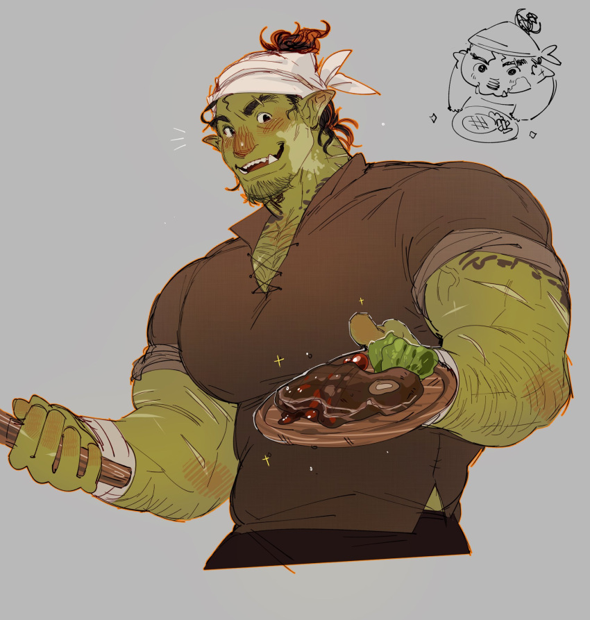 1boy arm_hair bara booboo_(19816236) chef chest_hair colored_skin cropped_legs doodle_inset facial_hair food goatee_stubble green_skin hairy happy head_scarf highres huge_pectorals incoming_food looking_at_viewer male_focus mature_male meat monster_boy muscular muscular_male orc original pectoral_cleavage pectorals pointy_ears sanpaku scar scar_on_arm sparkling_aura stubble thick_eyebrows tusks vitiligo