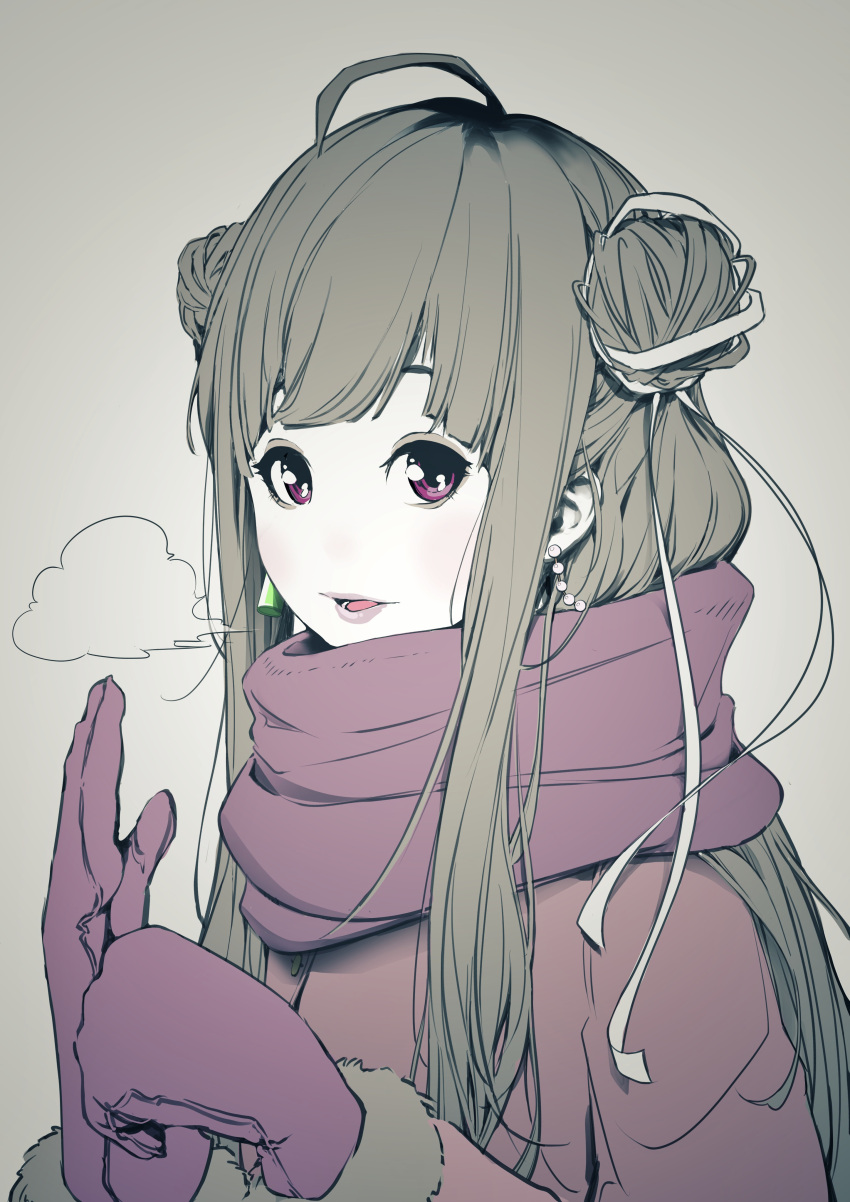 1girl absurdres adjusting_mittens ahoge akinosub blunt_bangs blush breath coat commentary commentary_request double_bun earrings enpera grey_background grey_hair hair_bun highres huma_wat jewelry long_hair looking_at_viewer medium_bangs mittens muted_color nanashi_inc. no_nose open_mouth pearl_earrings purple_coat purple_eyes purple_lips purple_mittens purple_scarf scarf sidelocks simple_background smile solo upper_body v_ap_art