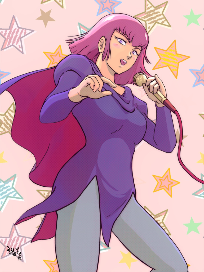 1girl cape dress from_above grey_pantyhose gundam haman_karn highres karaoke looking_at_viewer moroboshi_danshaku pantyhose pink_hair purple_cape purple_dress purple_eyes short_hair smile solo star_(symbol) starry_background zeta_gundam