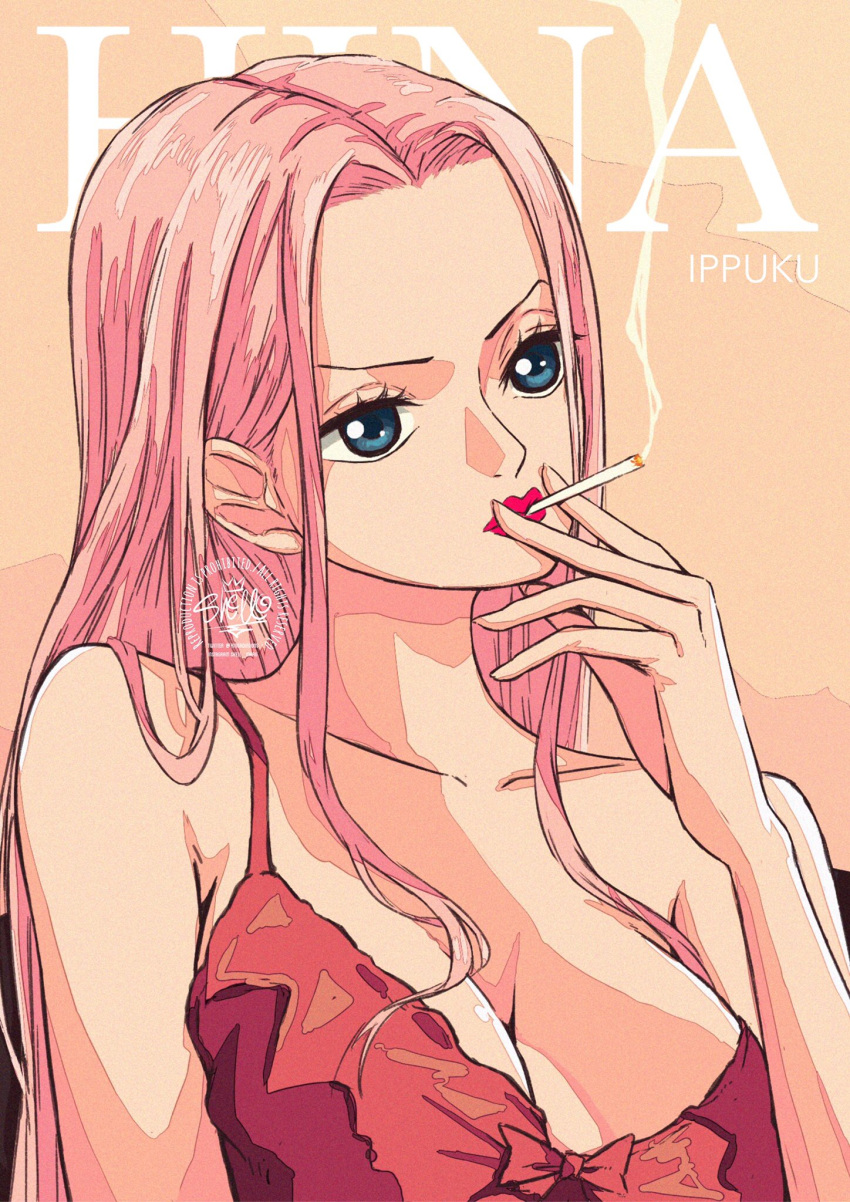 blue_eyes character_name cigarette cream_background dress highres hina_(one_piece) looking_to_the_side one_piece pink_hair red_dress sherumaru_(korcht06) sidelocks smoke upper_body