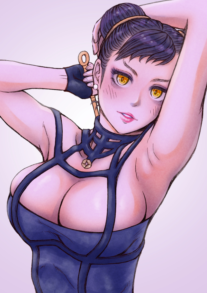 1girl arm_up armpits black_dress black_eyeshadow black_hair breasts chun-li commentary_request cosplay dagger delarocha82 double_bun dress eyeshadow gradient_background hair_bun highres holding holding_dagger holding_knife holding_weapon knife large_breasts looking_at_viewer makeup parted_lips pink_lips presenting_armpit purple_background short_hair sleeveless sleeveless_dress smile solo spy_x_family stiletto_(weapon) street_fighter street_fighter_6 teeth upper_body weapon yellow_eyes yor_briar yor_briar_(cosplay)