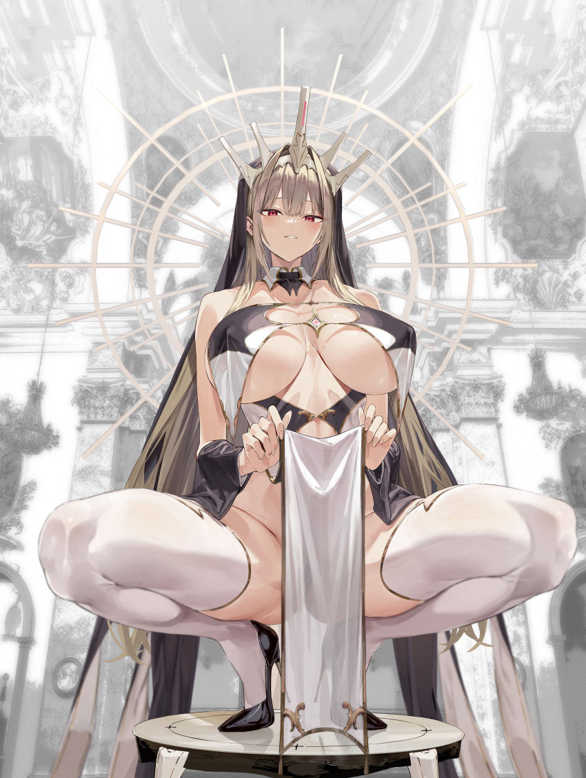 1girl absurdres bare_shoulders blush breasts cleavage crown dress halo highres hiiragi_yuuichi large_breasts light_brown_hair long_hair looking_at_viewer original parted_lips pelvic_curtain red_eyes solo spread_legs squatting thighhighs very_long_hair