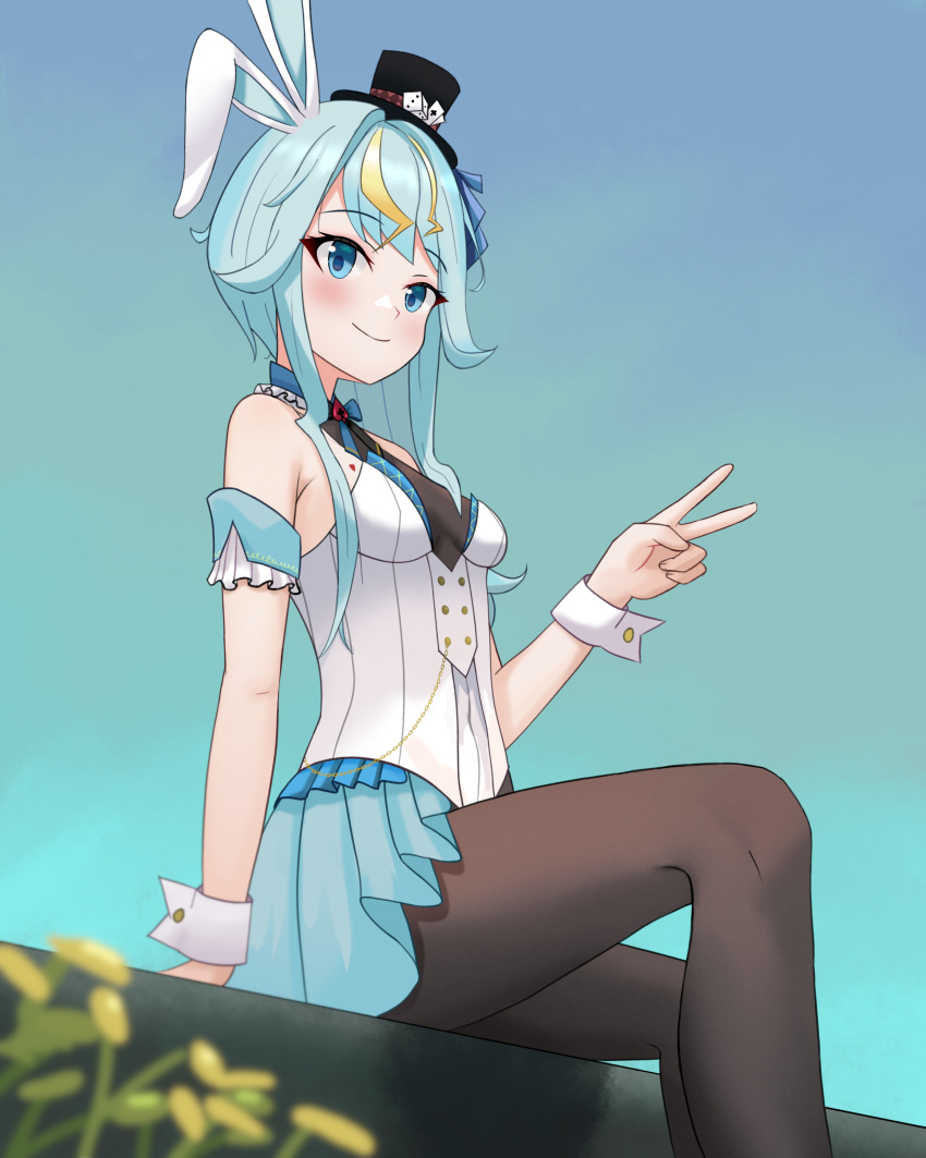 1girl absurdres animal_ears arm_garter armpit_crease blue_eyes blue_hair blue_sky hair_ribbon hat highres kaemble kaminari_clara leotard looking_at_viewer multicolored_hair phase_connect rabbit_ears ribbon see-through sky solo streaked_hair v virtual_youtuber white_wrist_cuffs wrist_cuffs