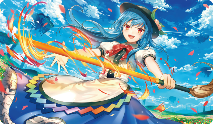 :d black_hat blue_hair blue_skirt blue_sky blush cloud cloudy_sky day fire floating_hair floating_island food from_below fruit hair_between_eyes hat hat_leaf highres hinanawi_tenshi holding kikugetsu long_hair long_skirt looking_at_viewer meadow open_mouth outdoors peach petals red_eyes red_neckwear shirt skirt sky smile solo standing sword_of_hisou touhou v-shaped_eyebrows white_shirt