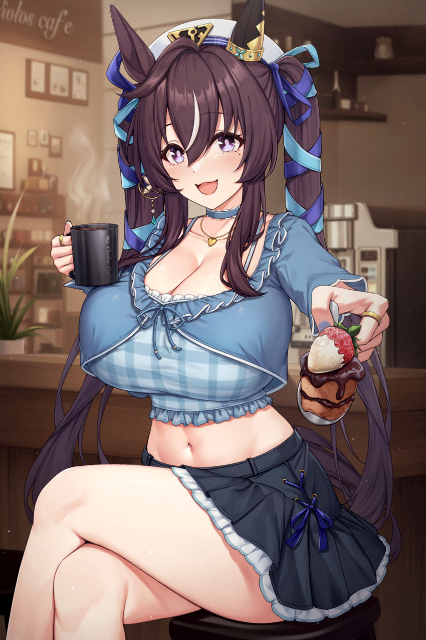1girl :d absurdres alternate_breast_size animal_ears bar_stool beret black_skirt blue_shirt breasts brown_hair cafe cake cleavage coffee_maker collarbone commentary_request crossed_legs cup food fruit hair_between_eyes hair_ornament hair_ribbon hat heart heart_necklace highres holding holding_cup holding_food holding_spoon horse_ears horse_girl horse_tail huge_breasts indoors jewelry kannko_bokujou long_hair looking_at_viewer midriff mole mole_under_eye multicolored_hair navel necklace open_mouth purple_eyes revision ribbon shirt sidelocks sitting skirt smile solo spoon steam stool strawberry streaked_hair tail thighs twintails two-tone_hair umamusume very_long_hair vivlos_(umamusume) white_hair white_headwear