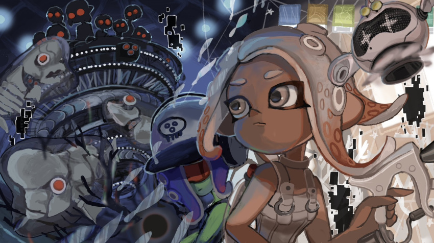 3girls agent_8_(splatoon) baseball_cap bodysuit closed_mouth commentary dark-skinned_female dark_skin dedf1sh drone fish floating glitch glowing glowing_eyes gradient_hair grey_eyes grey_hair gun hat headphones highres holding holding_gun holding_weapon ikura_tuna multicolored_hair multiple_girls non-humanoid_robot octoling pearl_drone_(splatoon) red-tinted_eyewear red_eyes red_hair robot sanitized_(splatoon) sleeveless sleeveless_bodysuit splat_dualies_(splatoon) splatoon_(series) splatoon_3 splatoon_3:_side_order star-shaped_pupils star_(symbol) sunglasses symbol-shaped_pupils tentacle_hair thick_eyebrows tinted_eyewear two-tone_hair weapon white_bodysuit