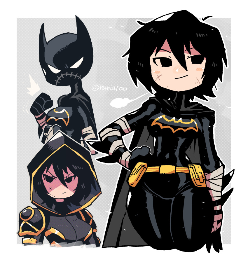 1girl absurdres armor bandaged_wrist bandages batgirl batman_(series) belt black_bodysuit black_eyes black_hair black_hood bodysuit breasts cassandra_cain contrapposto dc_comics hand_on_own_hip highres hood looking_at_viewer medium_breasts mixed-language_commentary multiple_views rariatto_(ganguri) scar scar_on_face short_hair standing superhero utility_belt white_eyes