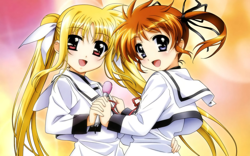 2girls blonde_hair canon couple fate_testarossa hand_holding happy interlocked_fingers lyrical_nanoha mahou_shoujo_lyrical_nanoha mahou_shoujo_lyrical_nanoha_a's mic multiple_girls official official_art open_mouth orange_hair pigtails purple_eyes red_eyes school_uniform simple_background smile takamachi_nanoha twintails uniform younger yuri