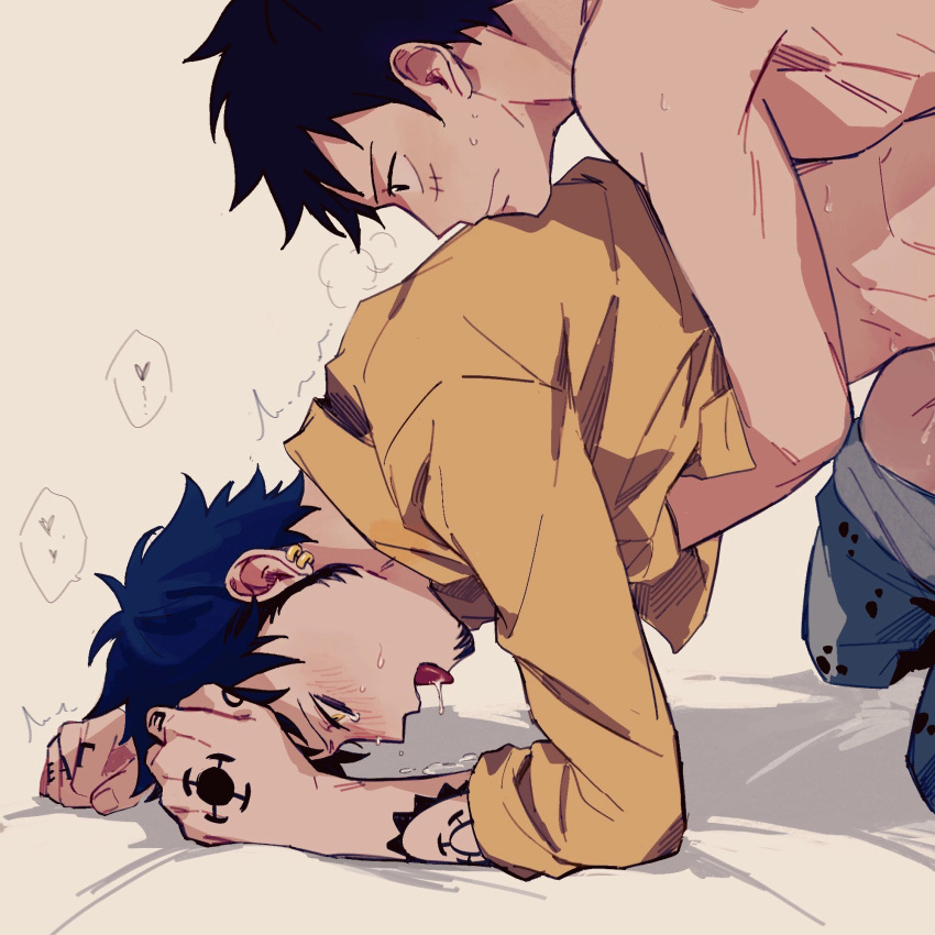 2boys ahegao arm_tattoo black_hair blush closed_mouth clothed_sex clothes_pull commentary_request demorzel doggystyle earrings facial_hair goatee hand_tattoo heart highres implied_sex jewelry male_focus monkey_d._luffy multiple_boys one_piece open_mouth pants pants_pull saliva saliva_pool scar scar_on_cheek scar_on_face sex sex_from_behind shirt short_hair sweat tattoo tongue tongue_out trafalgar_law trembling yaoi yellow_eyes yellow_shirt