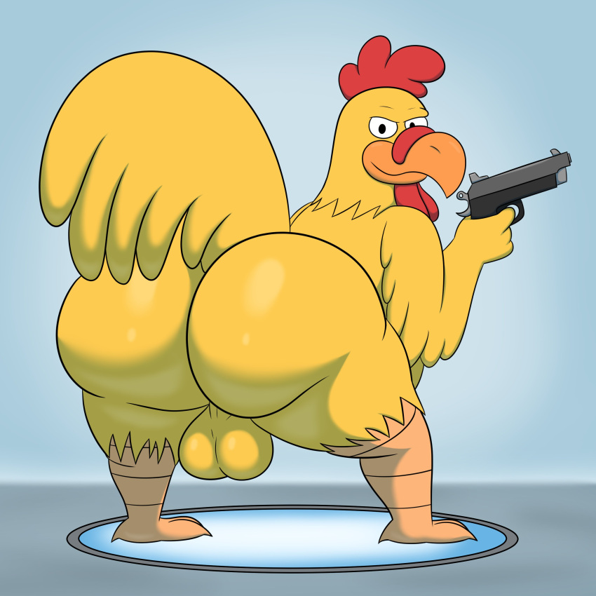 2024 absurd_res anthro avian avian_feet balls beak big_balls big_butt bird black_eyes butt chicken colossalstars digital_media_(artwork) epic_games ernie_the_giant_chicken family_guy feathered_tail feathers feet fortnite galliform gallus_(genus) genitals gun half-closed_eyes hi_res holding_gun holding_object holding_ranged_weapon holding_weapon looking_at_viewer looking_back male narrowed_eyes nude orange_beak orange_feet phasianid ranged_weapon rear_view solo tail thick_thighs three-quarter_view weapon yellow_body yellow_feathers yellow_tail